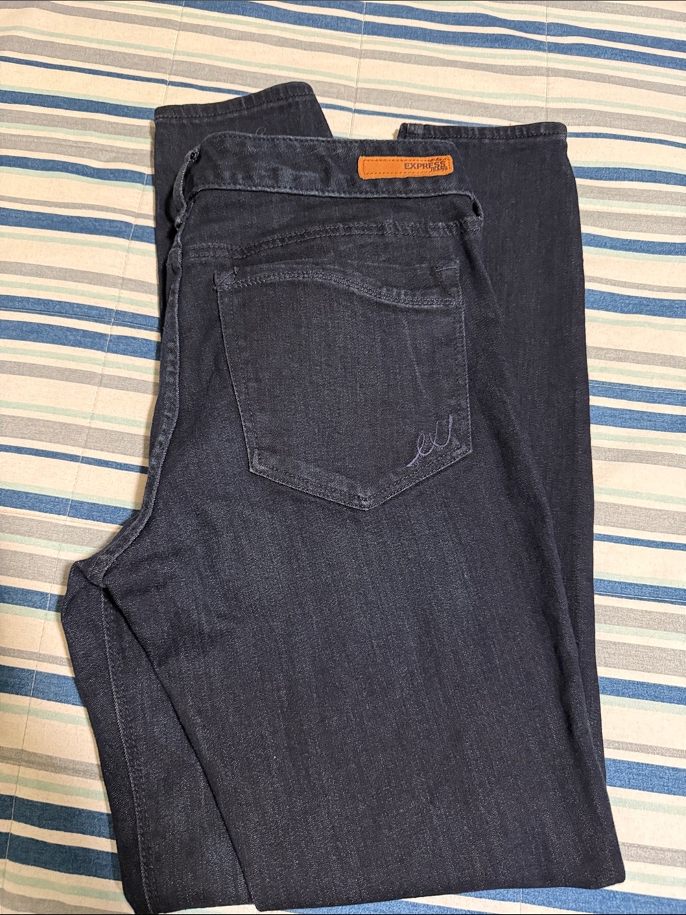 Express Dark Indigo Jeans with Tan Leather Patch